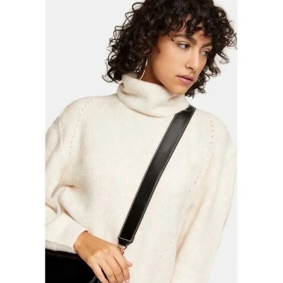 TOPSHOP  Mock Neck Oatmeal Neutral Puff Drop Sleeve Soft Wool Blend Sweater - Picture 2 of 14